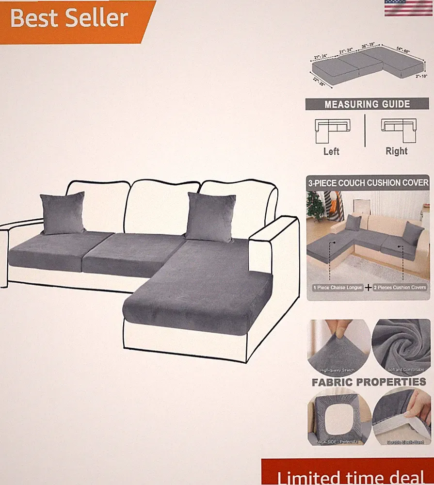 Sectional Couch Cover Velvet Sofa Slipcover 3 Pieces for L Shape Dark Grey