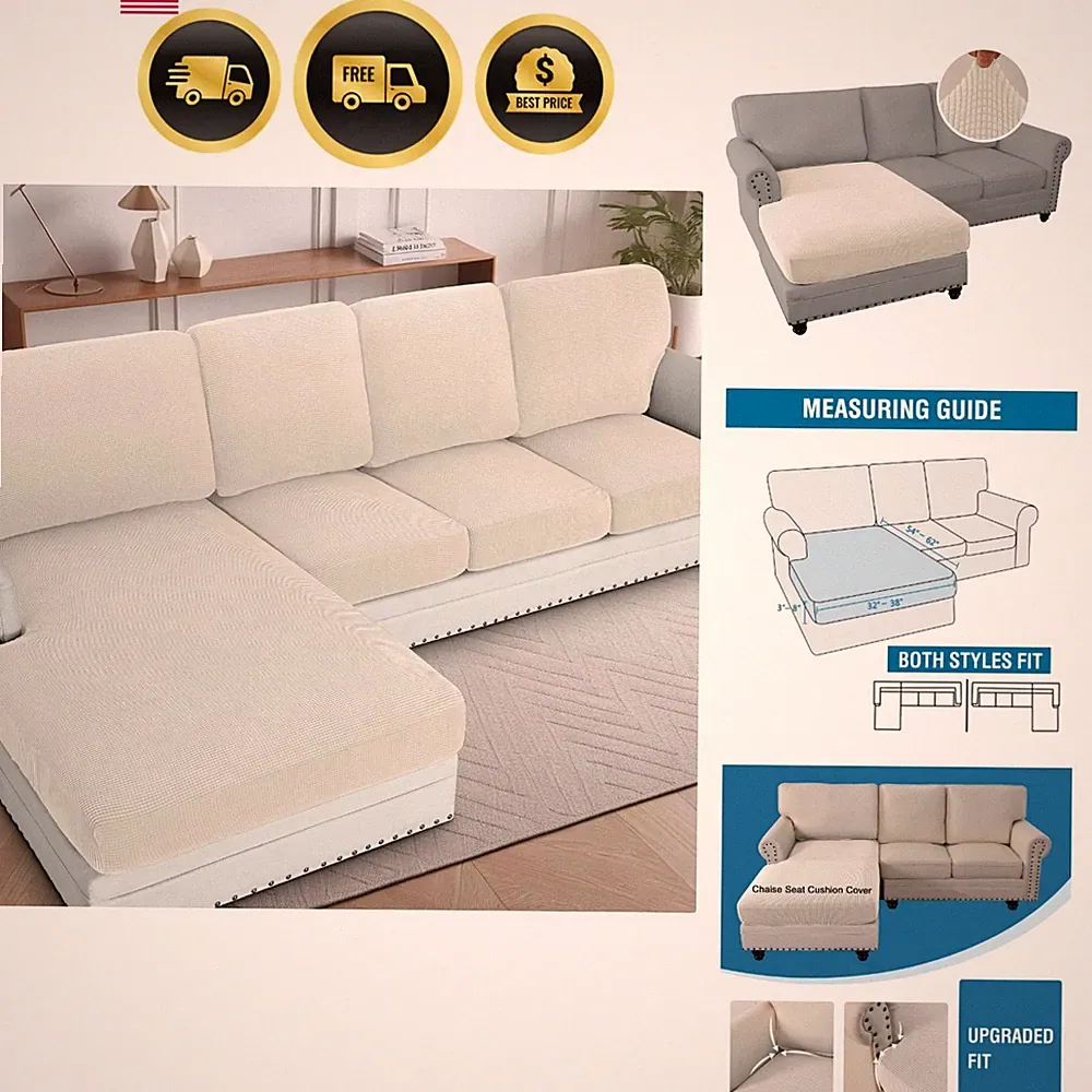 Sectional Couch Covers 1 Piece Chaise Slipcover L Shape Separate Cushion Couc...