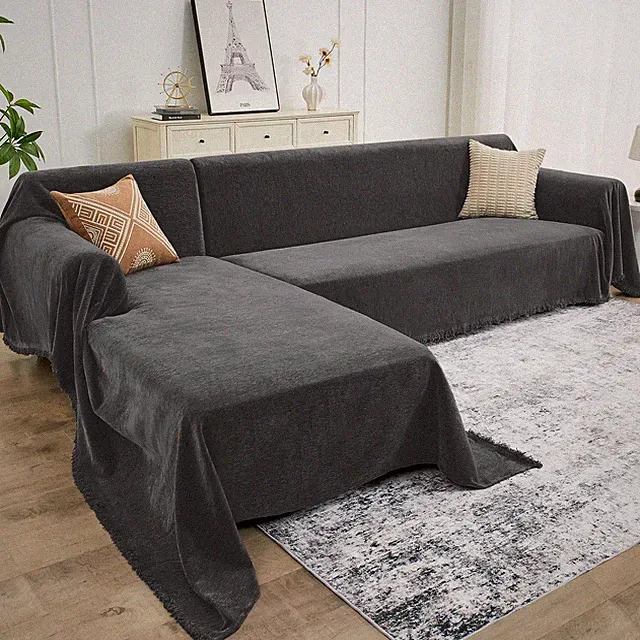Sectional Couch Covers, 2 Pieces Chenille Sofa Cover L Shaped Couch Cover Bla...