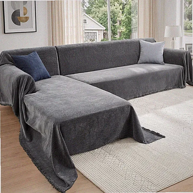 Sectional Couch Covers, 2 Pieces Chenille Sofa Cover L Shaped Couch Cover Bla...