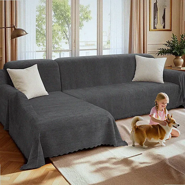 Sectional Couch Covers L Shape Sofa Cover Blanket 2 Pieces Chenille Soft Wash...
