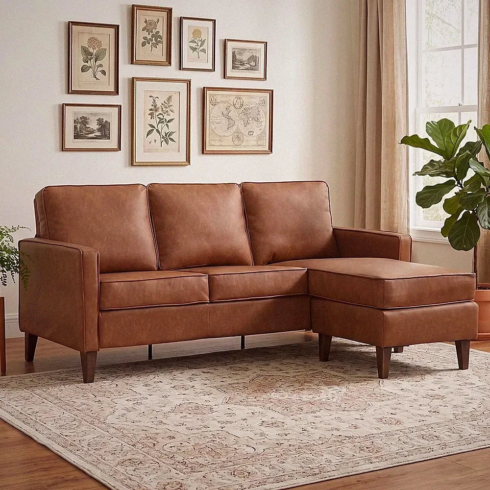 Sectional Couch L Shaped Couch Faux Brown Leather Sofa with Chaise Lounge Sofa
