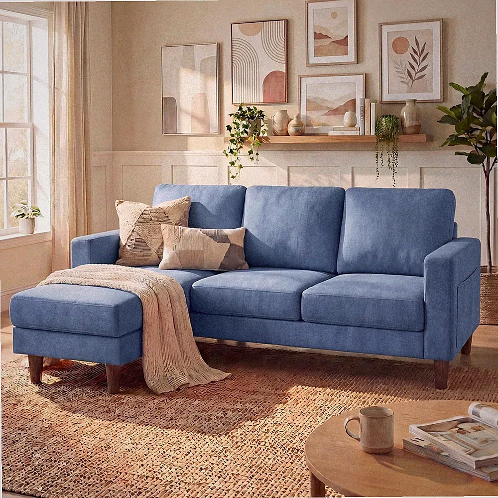 Sectional Couch Ottoman L Shape Sofa Storage Pocket 3 Seater Linen Blue
