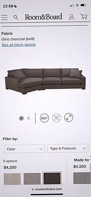 Sectional Couch Room & Board Metro 137’ with left arm angled chase, down, color