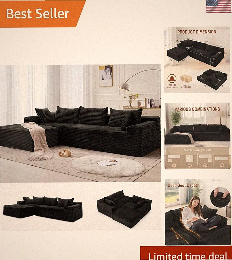 Sectional Couch Sofa Bed L-Shape Modular Couch with Chaise Fluffy Corduroy
