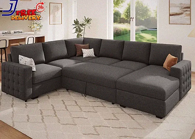 Sectional Couch with Pull Out Bed U Shaped Sleeper Sofa with Storage6 Seater NEW