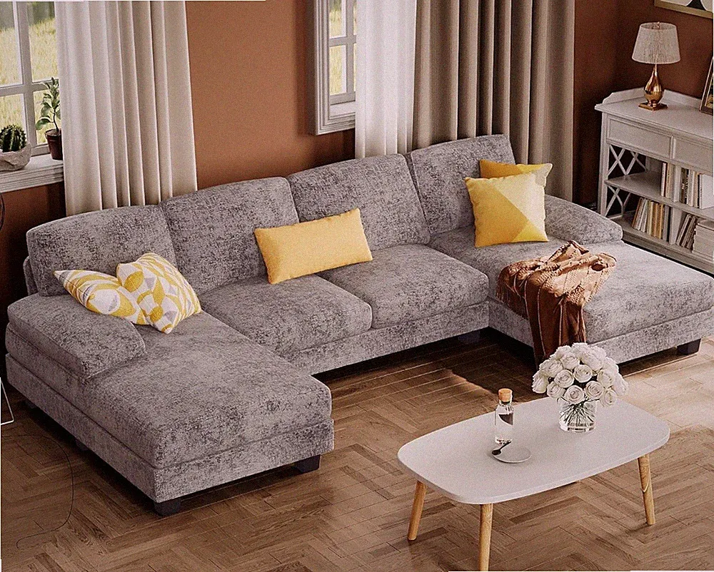 Sectional Couches for Living Room, U-Shaped Sofa Couch with Linen Fabric, 4 Seat