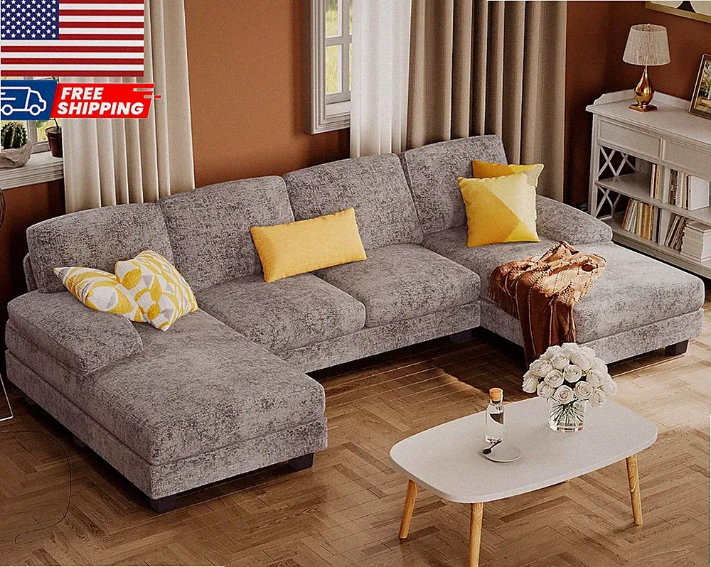 Sectional Couches for Living Room U-Shaped Sofa Couch with Linen Fabric 4 Seat