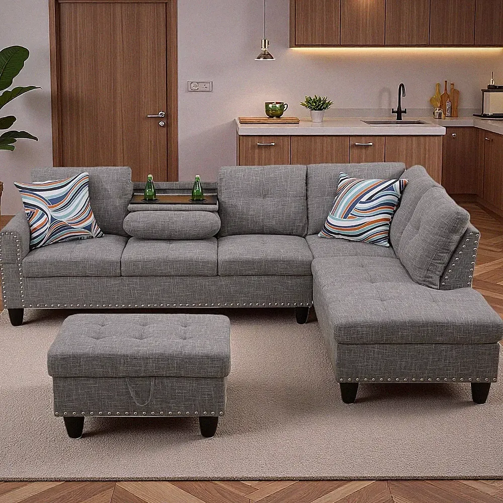 Sectional Couches for Living Room with Movable Chaise & Storage Ottoman - 97.5"