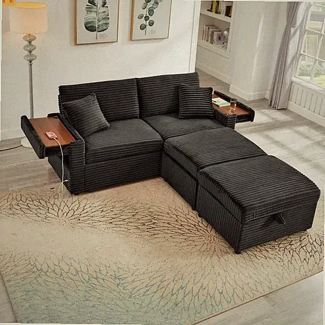 Sectional L-Shape Corduroy Black Storage Ottomans USB Tabletop 69in