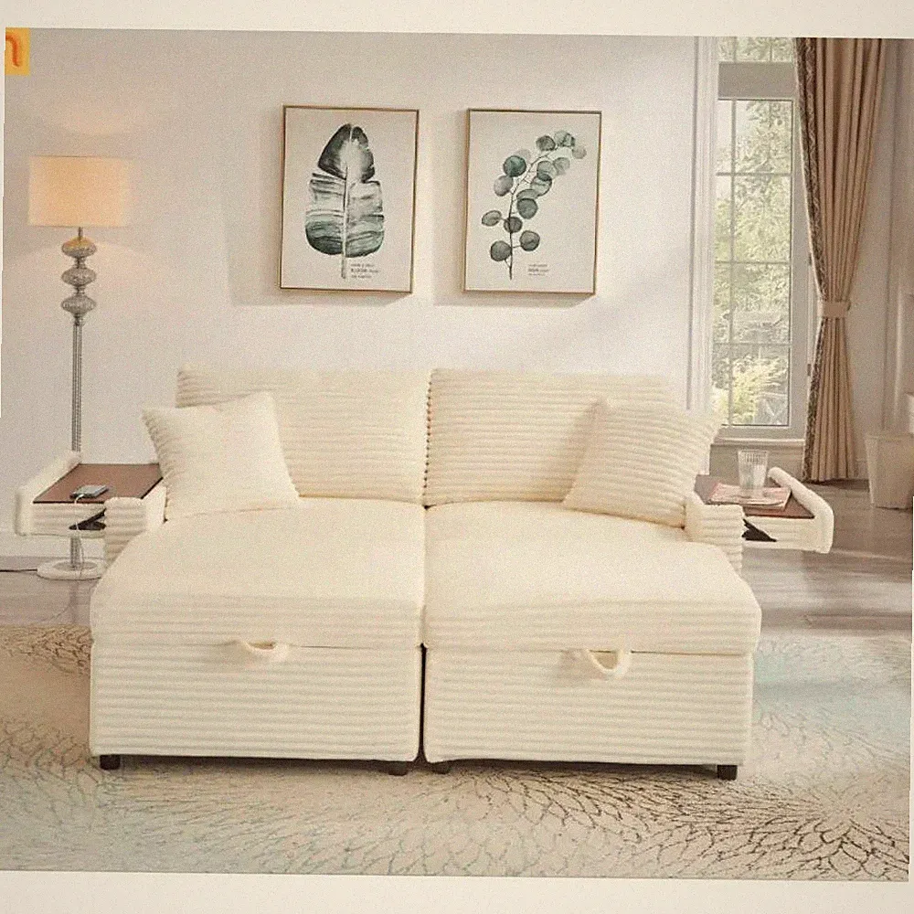 Sectional L-Shape Corduroy White Storage Ottomans USB Tabletop 69in