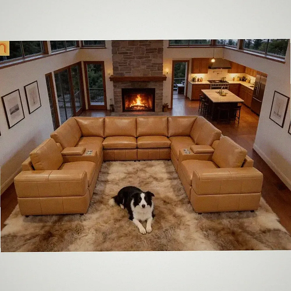 Sectional L-Shape Leather Match Ginger Square Arm 8-Seat 131in