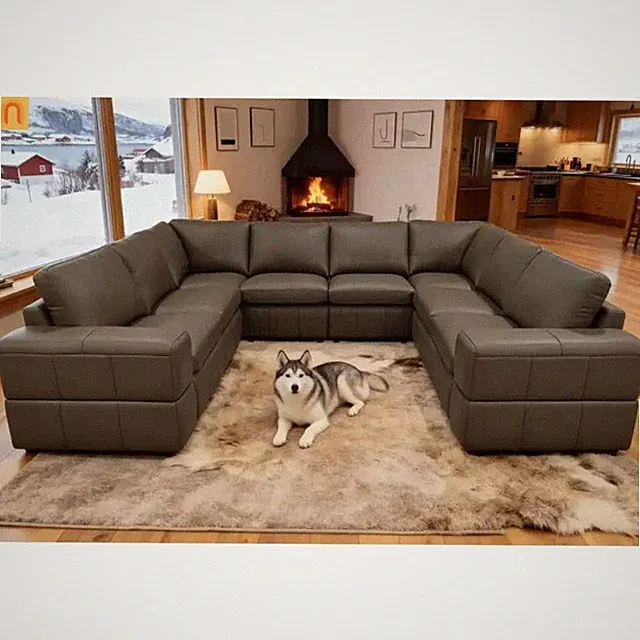 Sectional L-Shape Leather Match Olive Green Square Arm 8-Seat 131in