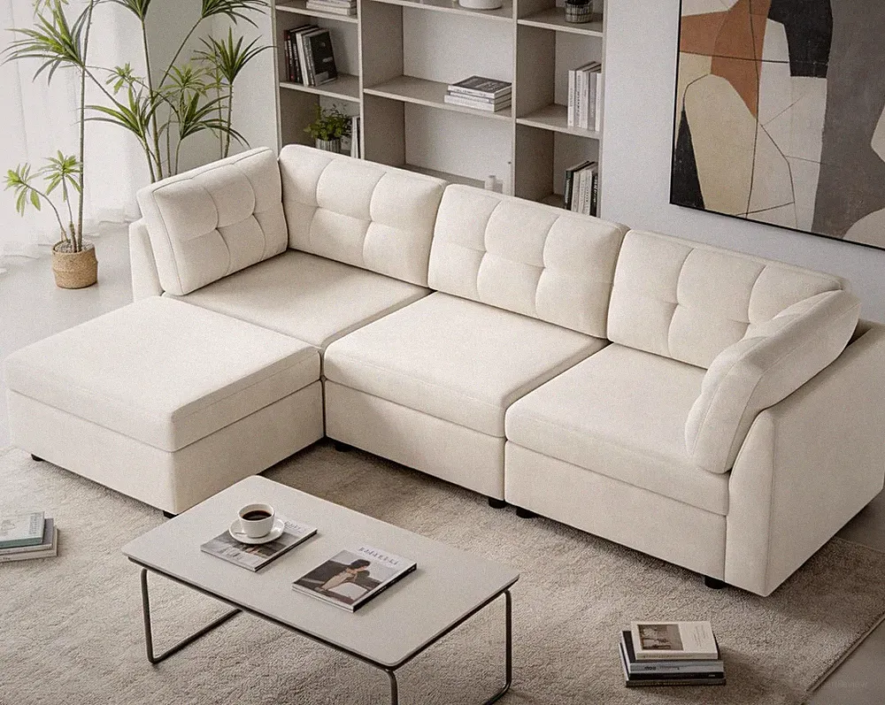 Sectional L-Shaped Sofa for Living Room, Modualr Sofa Couch, Beige