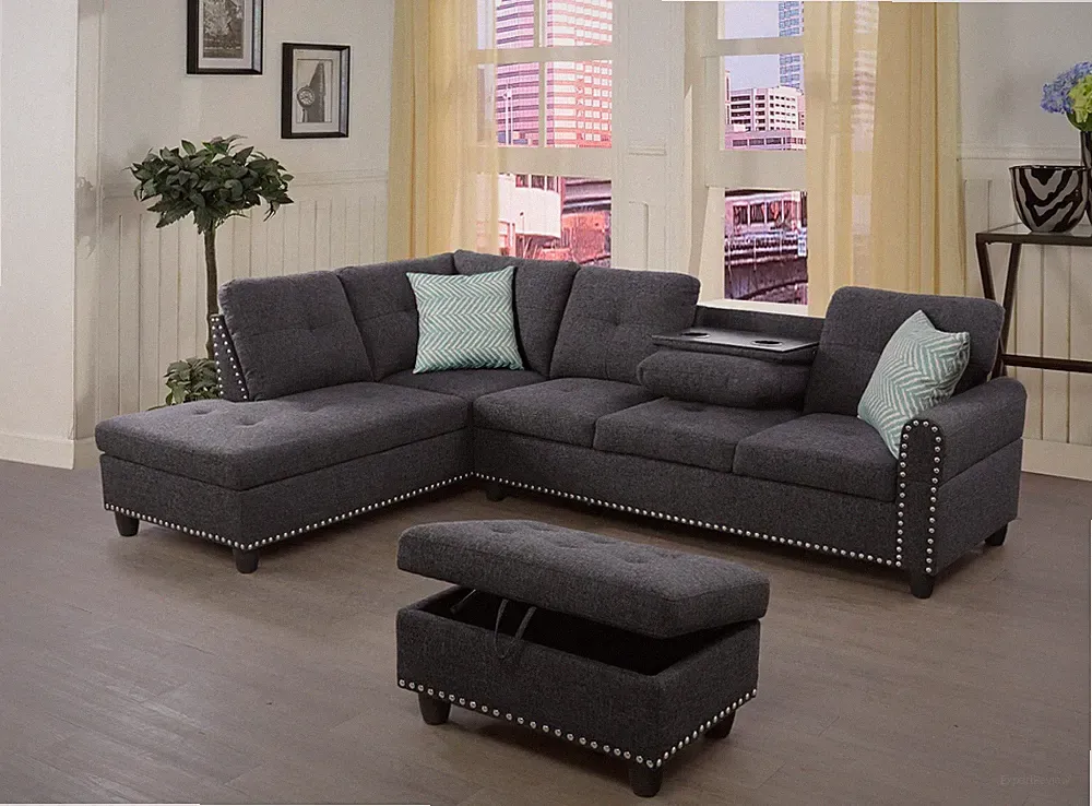 Sectional L-Shaped Sofa PU Faux Leather Linen Living Room Couch Storage Ottoman