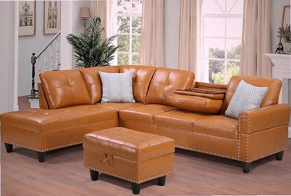 Sectional L-Shaped Sofa PU Faux Leather Linen Living Room Couch Storage Ottoman