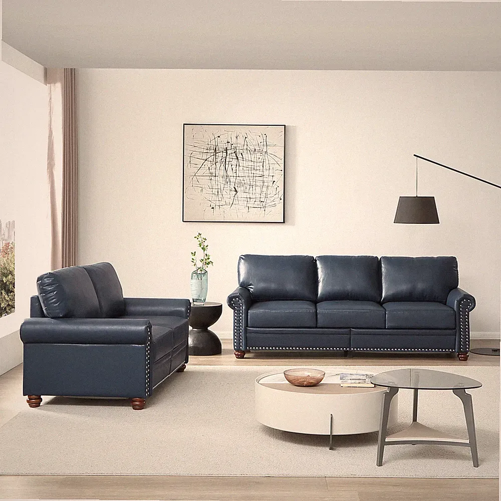 Sectional Living Room Sofa with Storage 2 3 Navy Blue Faux Leather