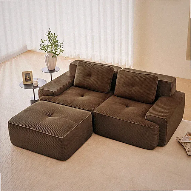 Sectional loveseat L-Shape Corduroy Brown 2 Seat Modular with Ottoman 82 In