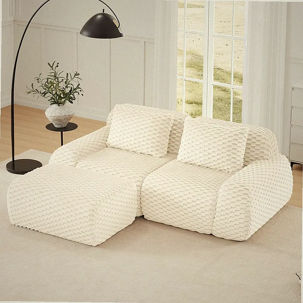 Sectional loveseat L-Shape Flannelette Cream 2 Seat with Ottoman 82 In