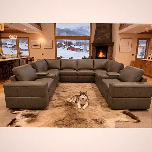 Sectional Modular Leather Match Olive Green Square Arm 8-Seat 131in