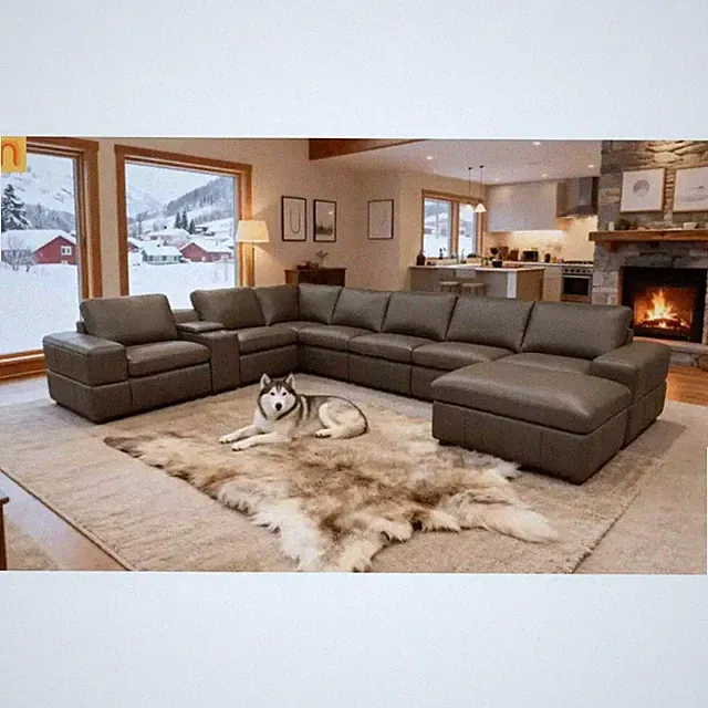 Sectional Modular Leather Match Olive Green Square Arm 8-Seat 159in