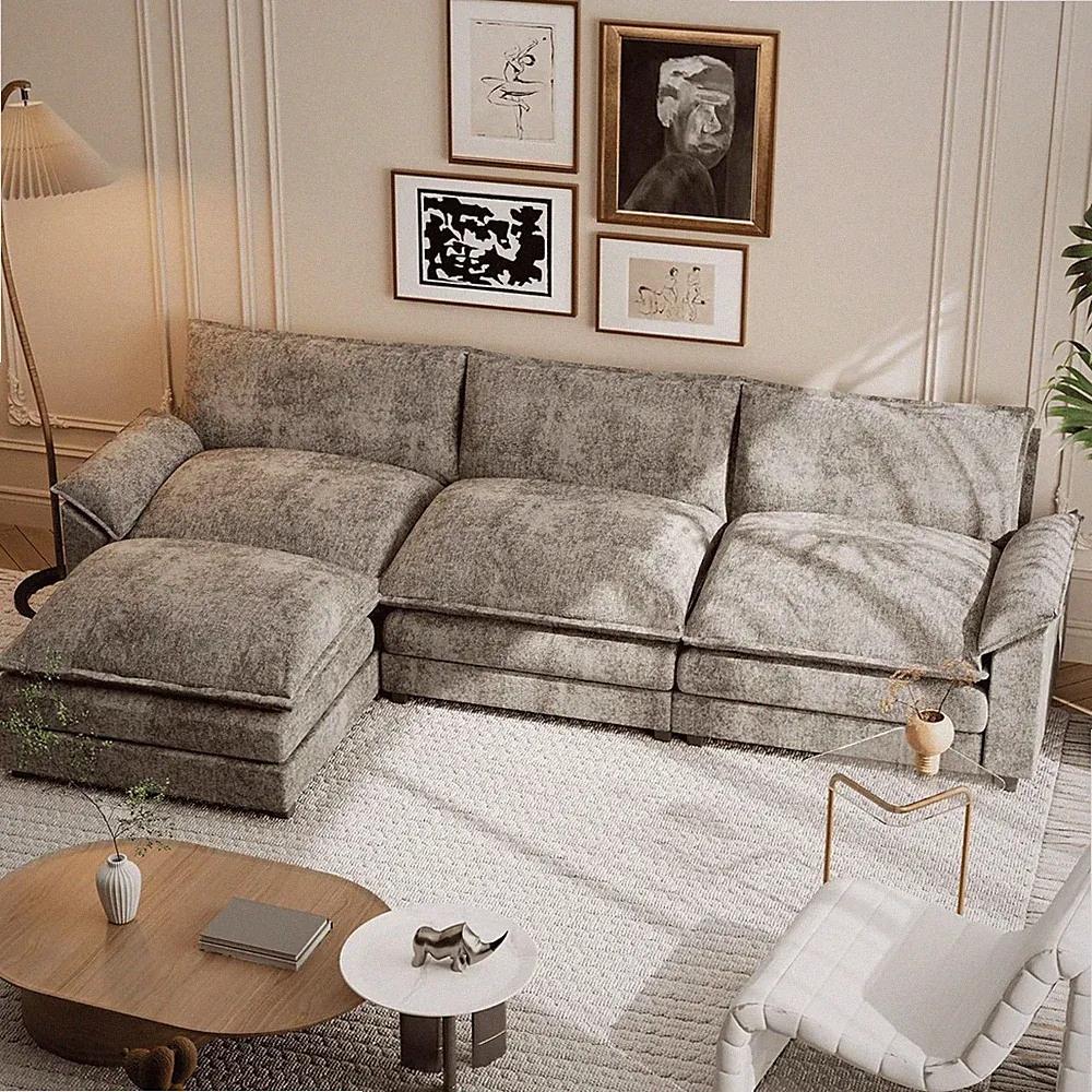 Sectional Modular Sofa L Shaped Chenille Fabric Couch with High Supportive & Sof