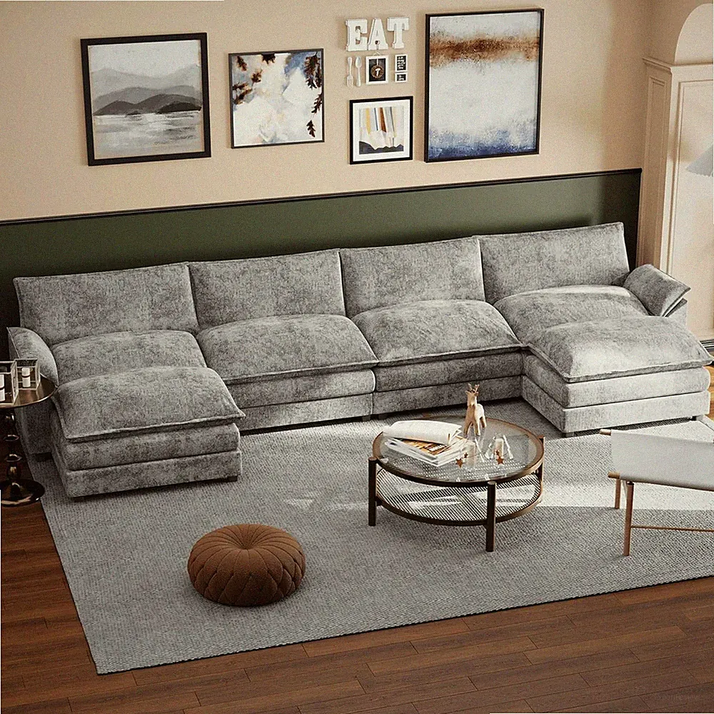 Sectional Modular Sofa U Shaped Chenille Fabric Couch with High Supportive & Sof