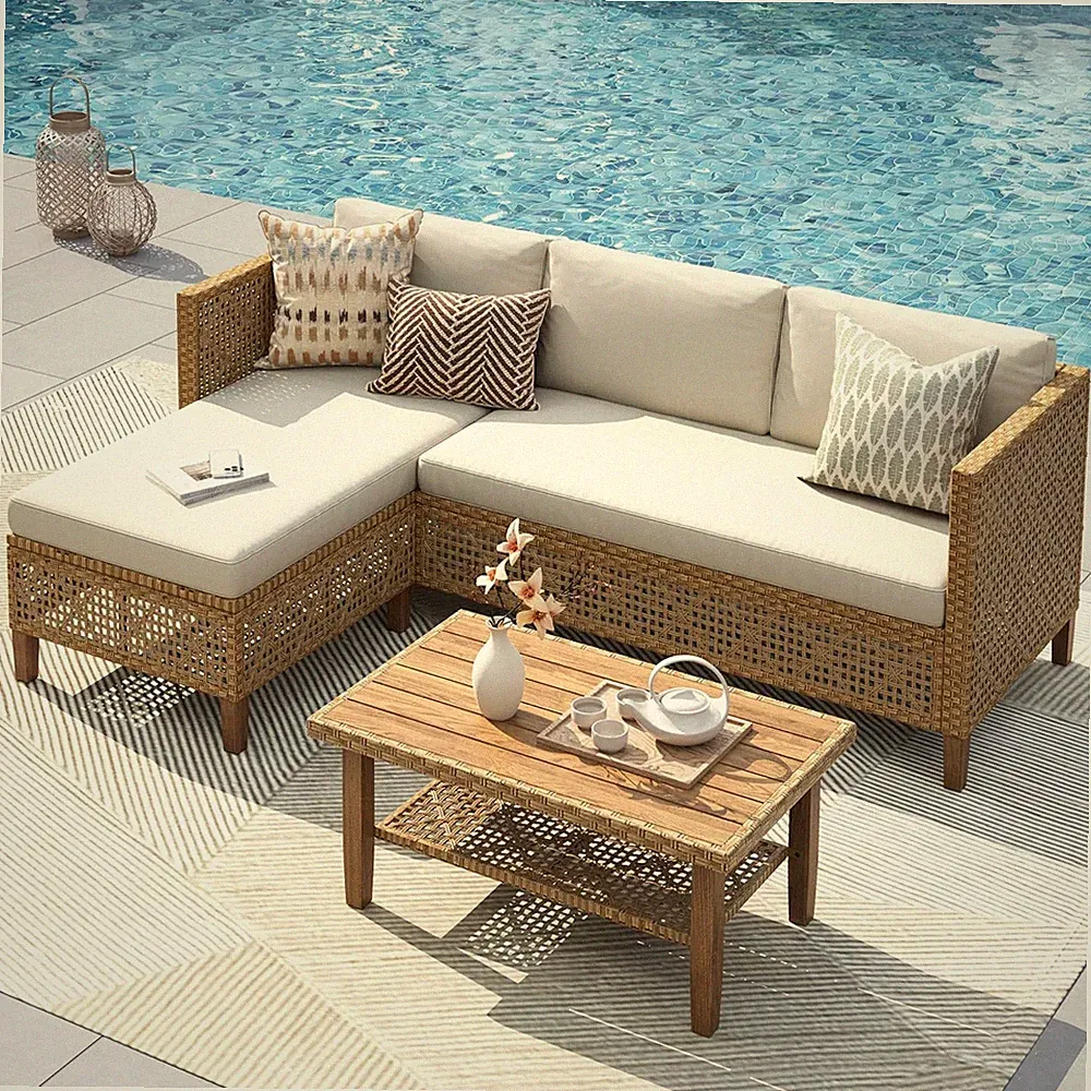 Sectional Outdoor Couch Small Patio Furniture Set W/ Cushions & Acacia Wood