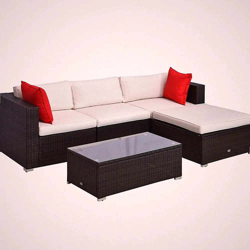 Sectional Outdoor Sofa 5-Piece PE Wicker with Table 395lb Seat Cream