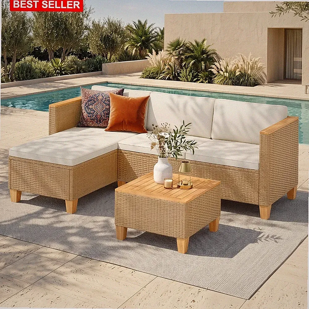 Sectional Set 4-Seats Rattan All-Weather Modular Coffee Table Yellow