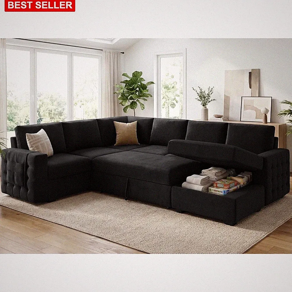 Sectional Sleeper Sofa 6 Seater U-Shape Velvet Black Storage Chaise Comfort