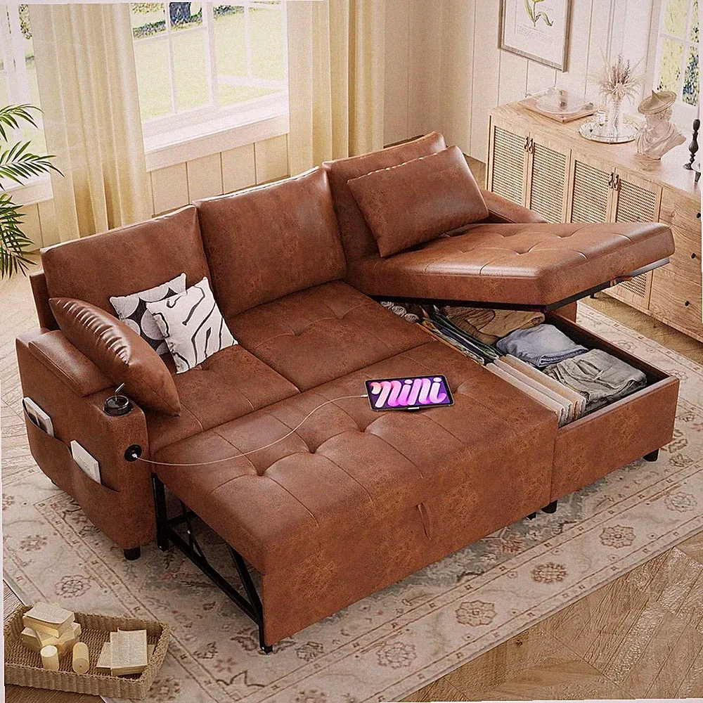 Sectional Sleeper Sofa Couch Leather Pull Out Bed Reversible Storage Chaise USB
