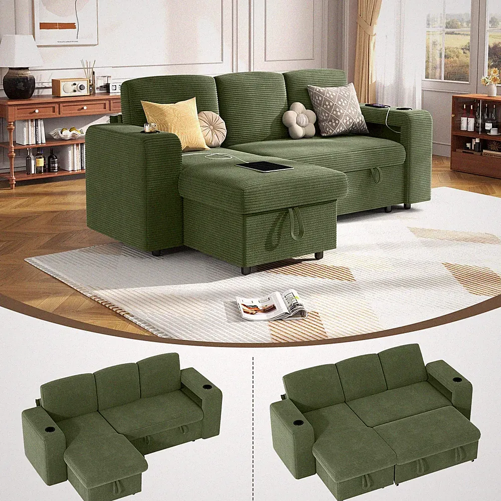 Sectional Sleeper Sofa L-Shape Storage Chaise USB Adj Backrest Corduroy Green