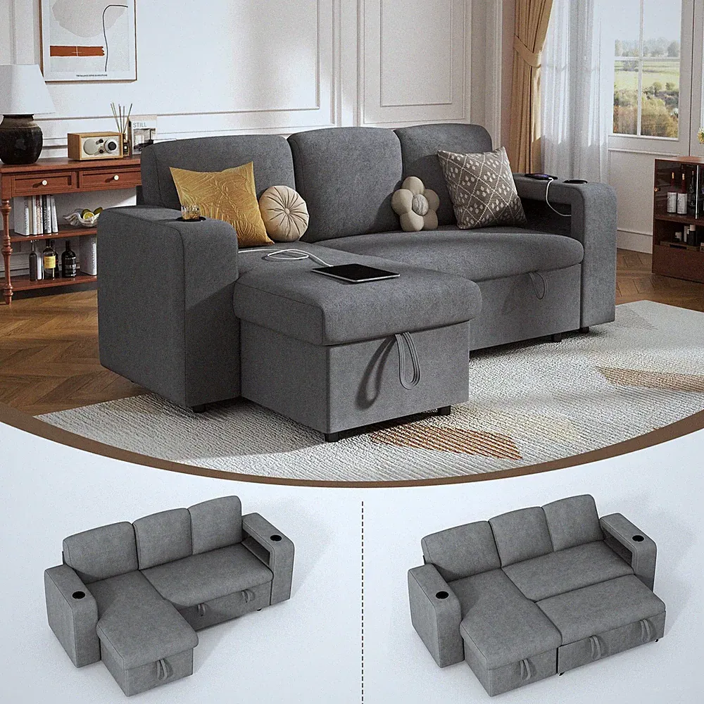 Sectional Sleeper Sofa L Shaped Storage Chaise USB Charging Adjustable Backrest