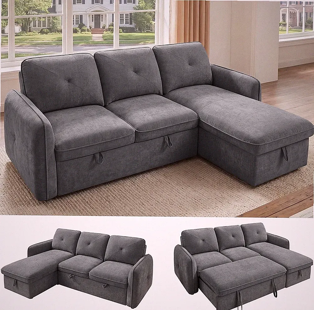 Sectional Sleeper Sofa, Pull-Out Bed, Storage Chaise, Chenille Gray
