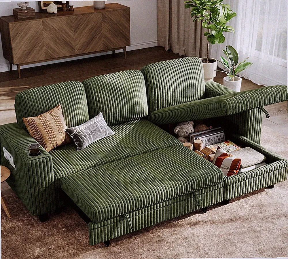 Sectional Sleeper Sofa Pull Out Bed Storage Chaise USB Charging L Shaped Green