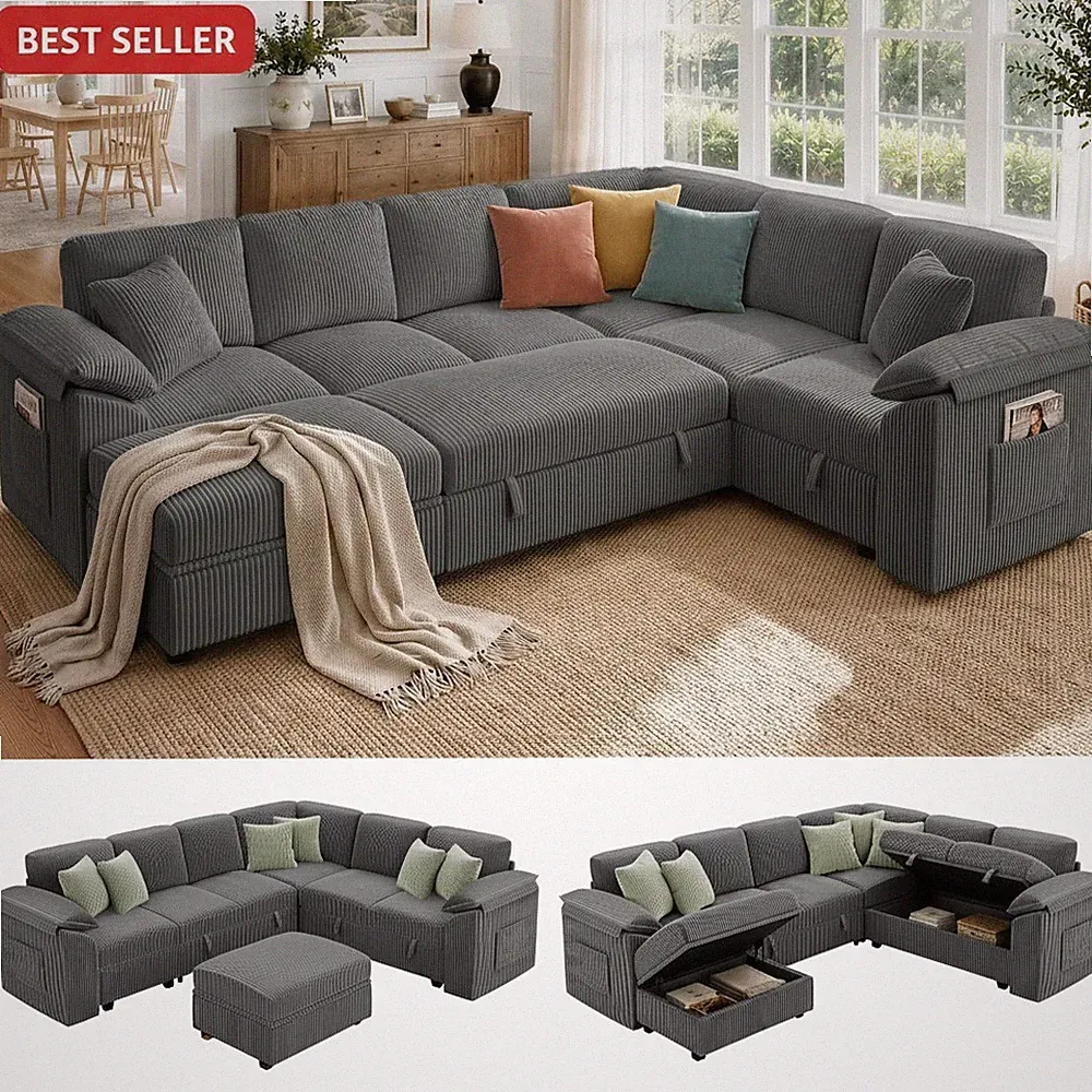 Sectional Sleeper Sofa Pull Out Bed U Shaped Couch Storage Dark Grey