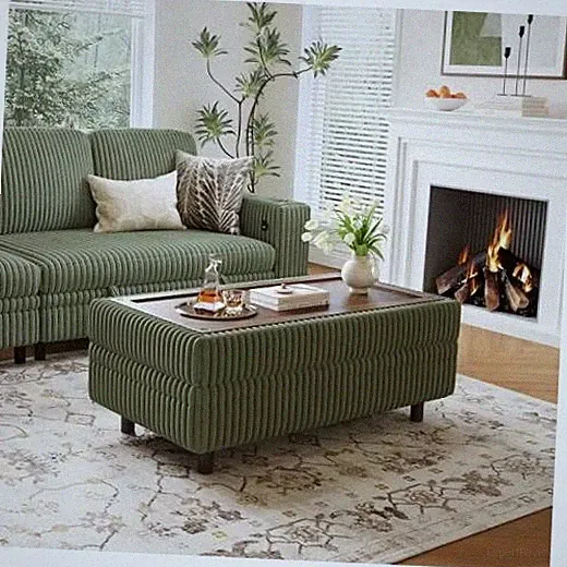 Sectional Sleeper Sofa Storage Ottoman Bench, Convertible Coffee Table Green