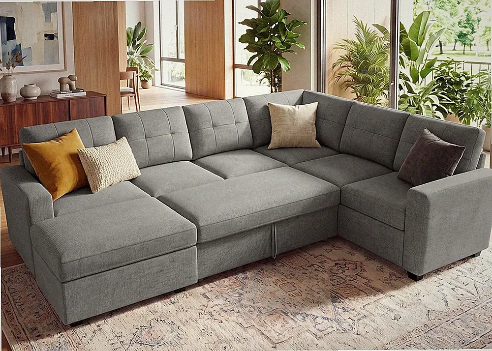 Sectional Sleeper Sofa with Pull Out Bed, 7 Seaters 106 Inch U Shaped Setional C