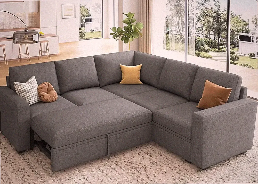 Sectional Sleeper Sofa with Pull Out Bed, L Shaped Couch with Storage Seat, Modu