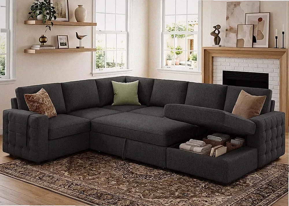 Sectional Sleeper Sofa with Pull-Out Bed Storage Chaise, 6 Seater Couch for Livi