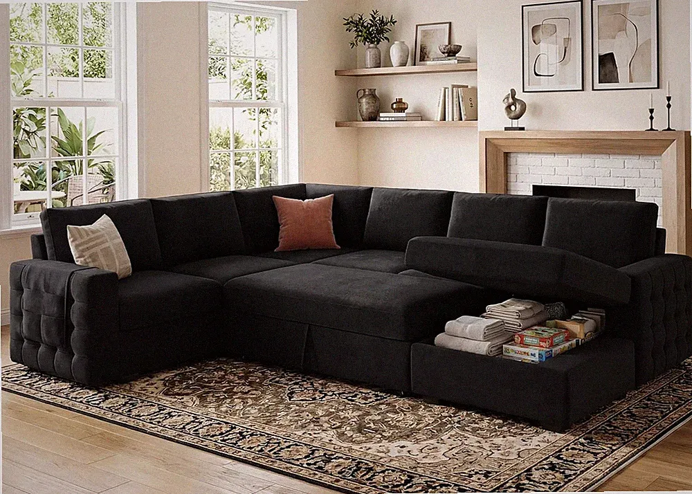 Sectional Sleeper Sofa with Pull-Out Bed Storage Chaise, 6 Seater Couch for Livi