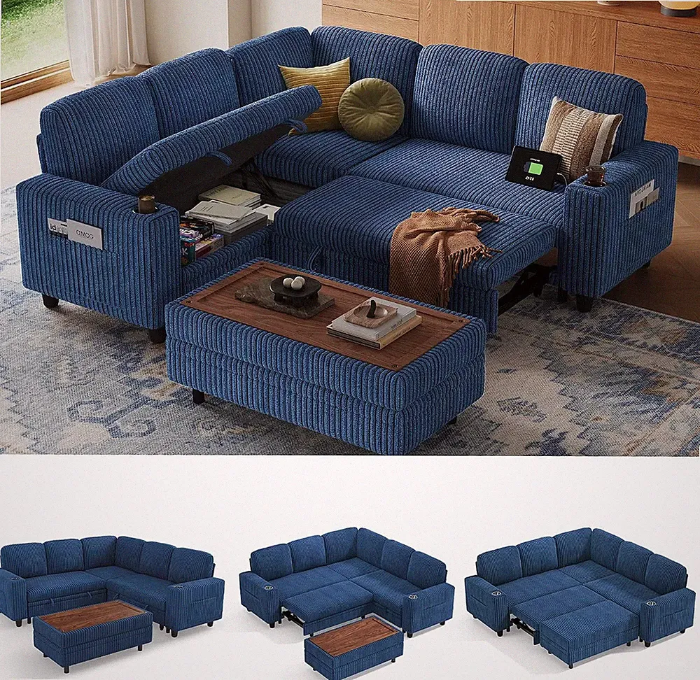 Sectional Sleeper Sofa with Pull Out Couch Bed for Living Room (Blue) | Plush Co