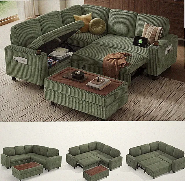 Sectional Sleeper Sofa with Pull Out Couch Bed for Living Room (Green) | Plush C