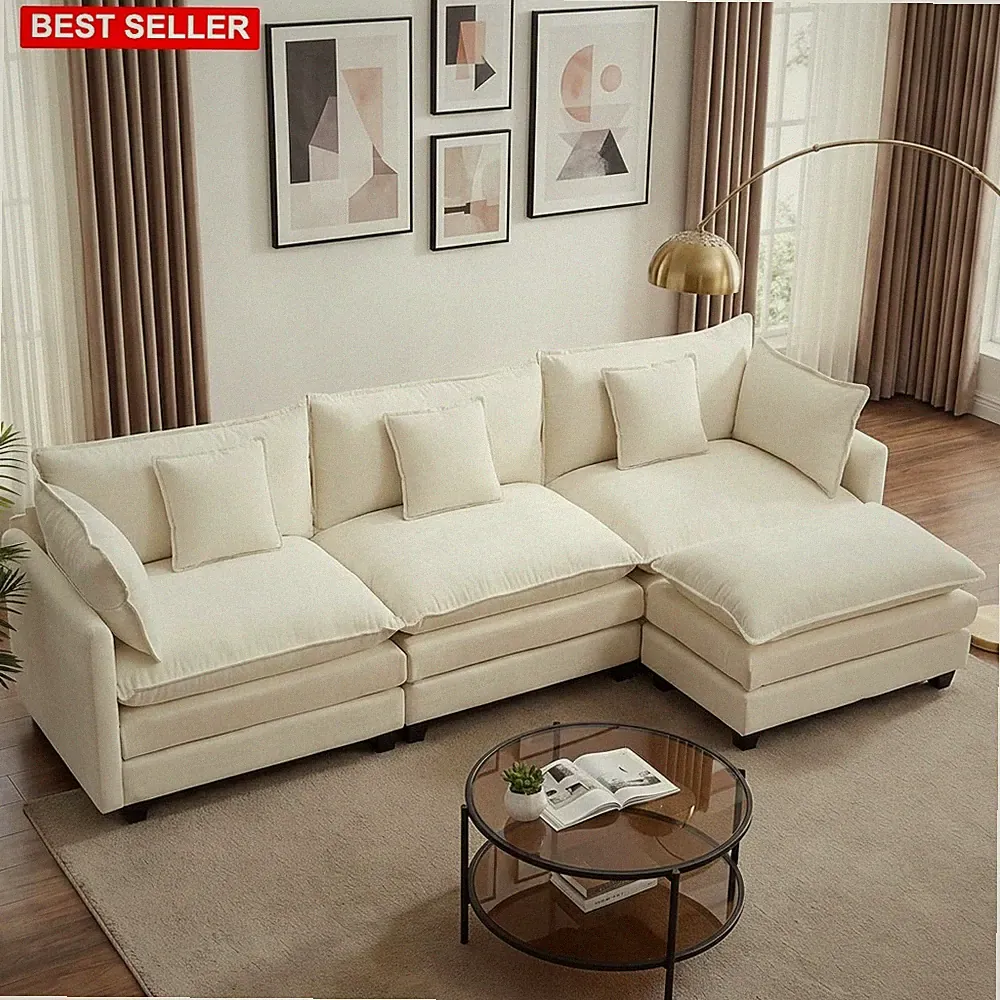 Sectional Sofa 113In Modular Cloud Couch L-Shaped Chenille Deep Seat Beige
