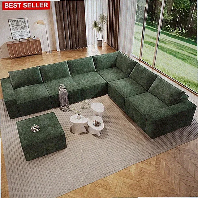 Sectional Sofa 143.7 In Green Chenille 7 Seater Modular Living Room