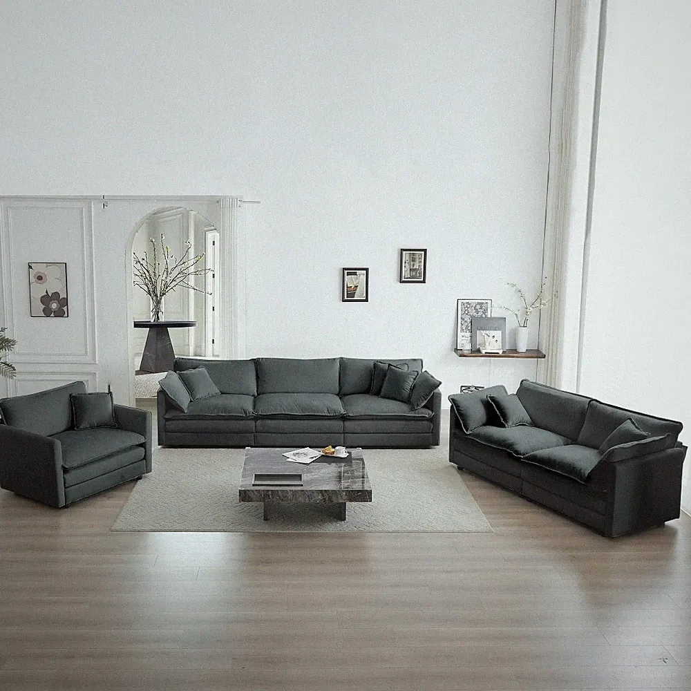 Sectional Sofa 3-Piece Set, Gray Chenille for Living Room, Deep Seat