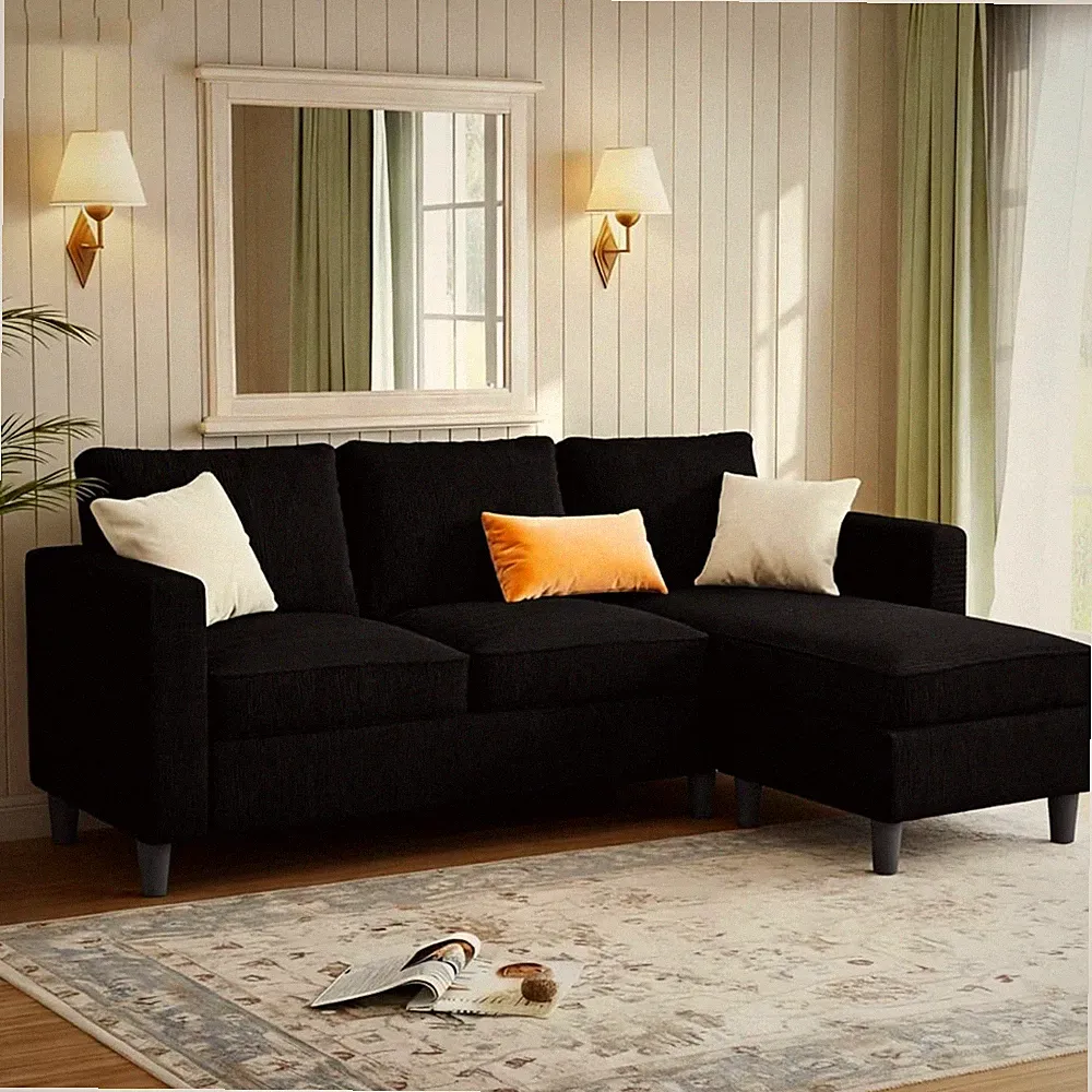 Sectional Sofa 3-Seat Reversible Couch Convertible Ottoman L-Shaped Black