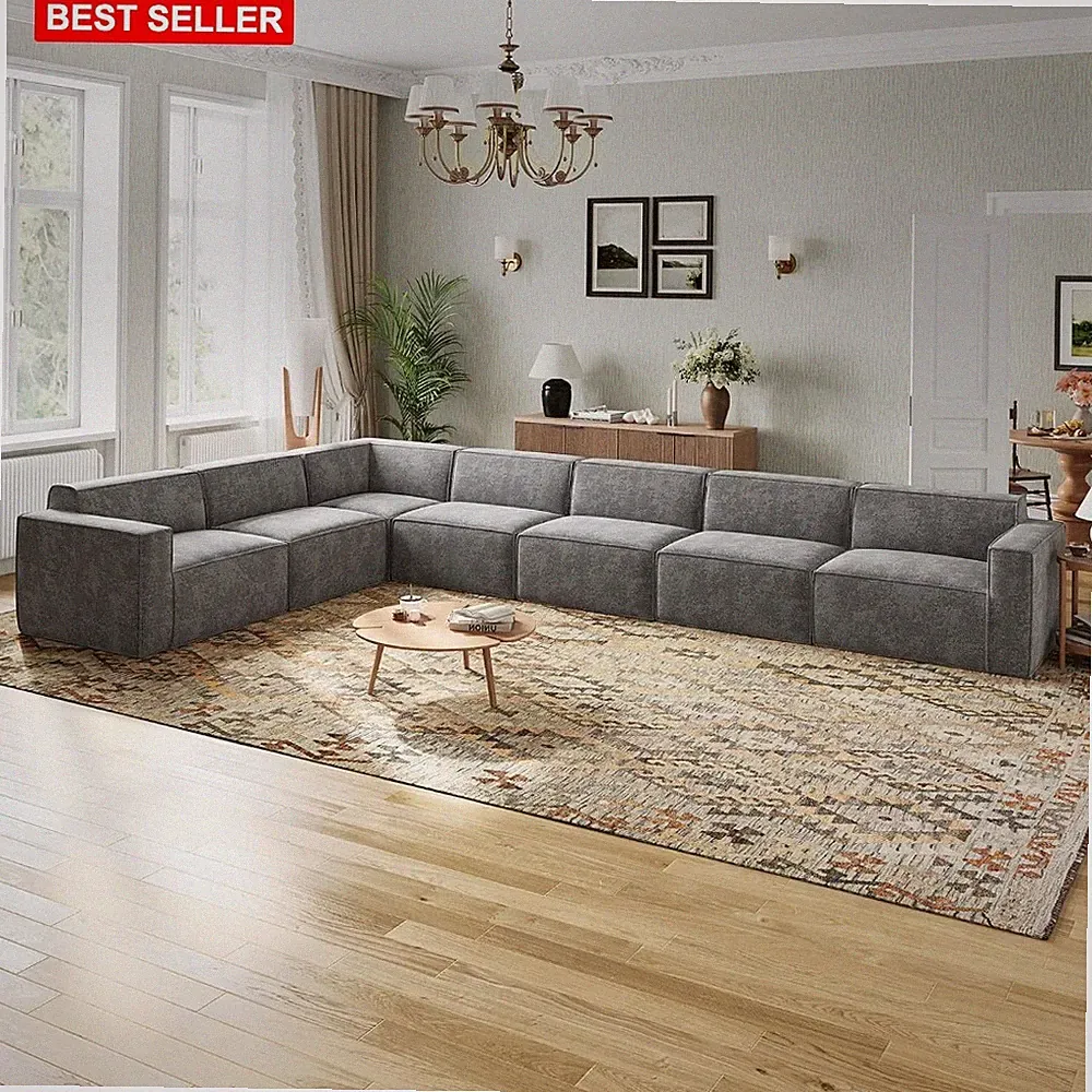Sectional Sofa 7 Seat No Assembly Modular Chenille Fabric Dark Gray Living Room