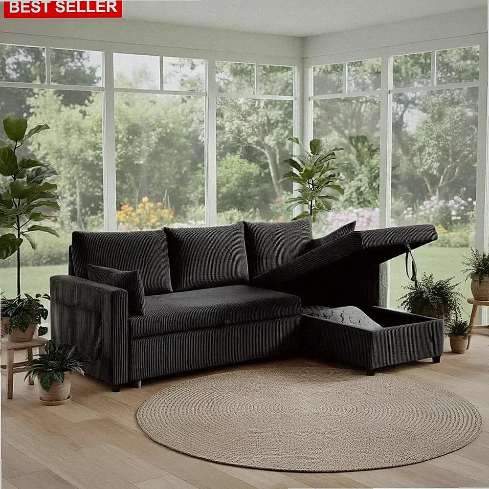 Sectional Sofa Bed 86Inch Corduroy Reversible Storage Lounge Convertible Couch